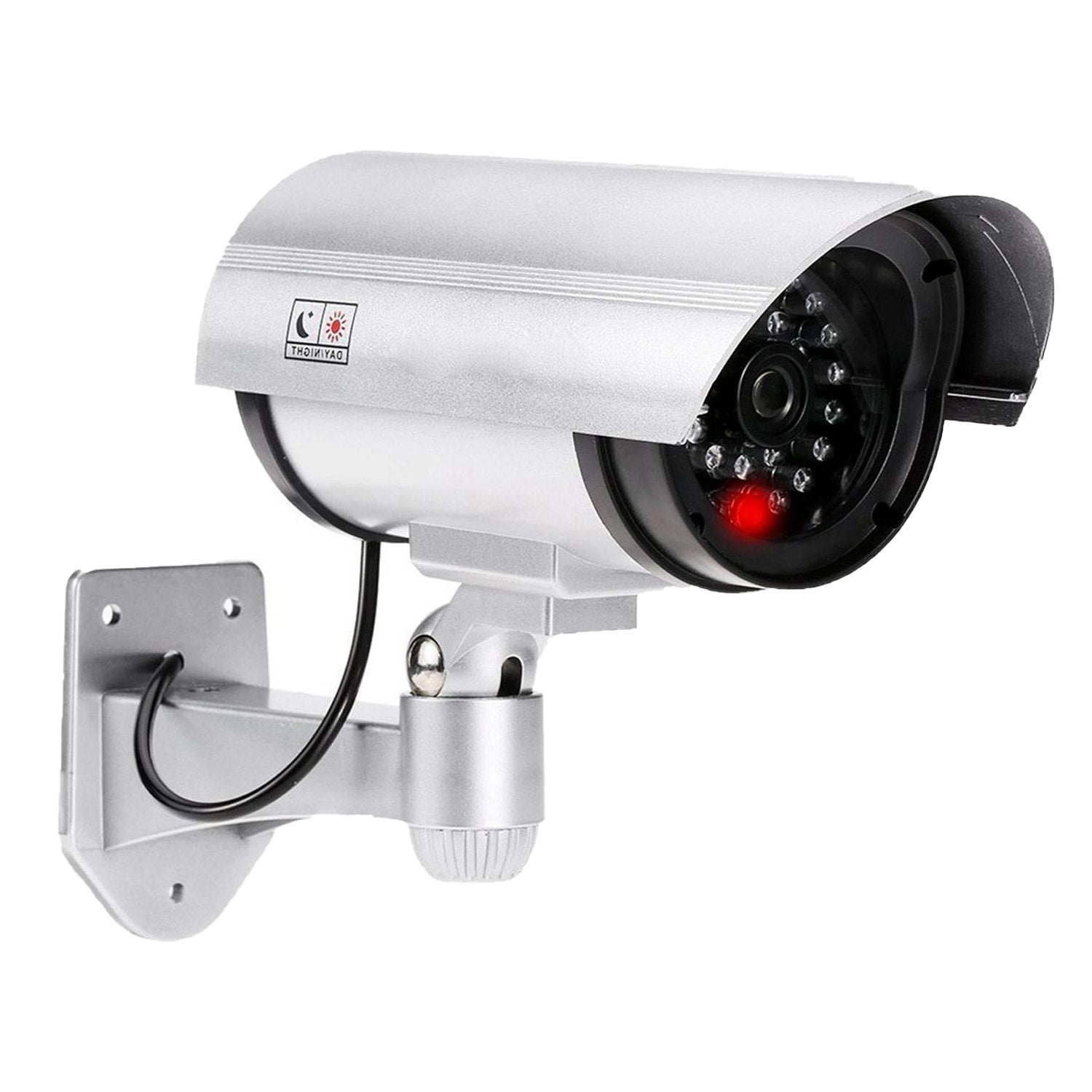 Realistic dummy IR camera for outdoor security, simulates a working CCTV camera. Realistic dummy IR camera for outdoor security, simulates a working CCTV camera.